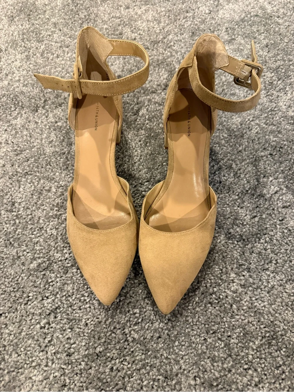 14th & Union Tan Suede Pointed Toe Ankle Strap Block Heels